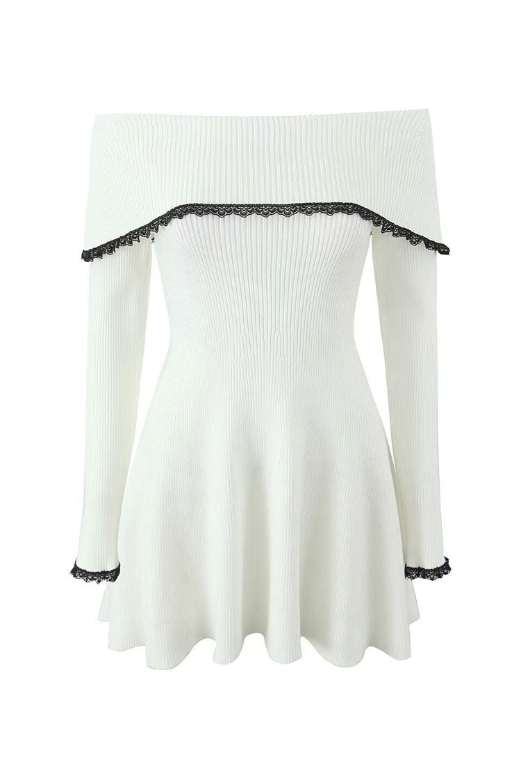 White Off Shoulder Long Sweater Dress with good Foldover Neckline