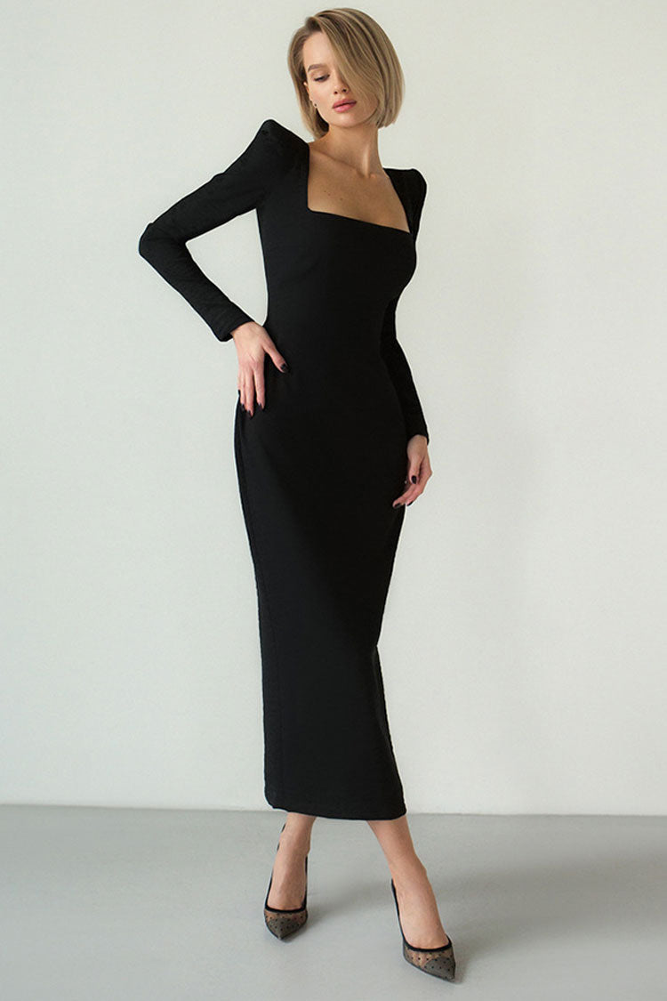 Long Sleeve Square Neck Maxi Bodycon Dress - Black / S