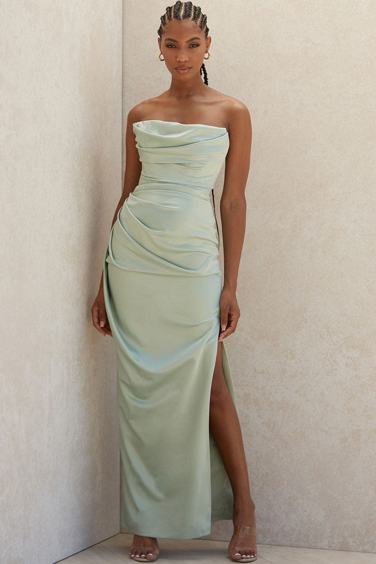 Kyra Maxi Dress Satin Sage Green Strapless Semi Formal Dress Cocktail –  Runway Goddess