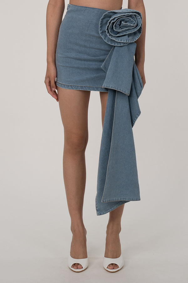 Asymmetric Drape 3D Rosette High Waist Bodycon Faded Denim Mini Skirt