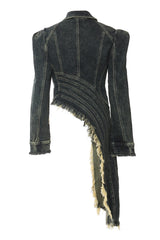 Asymmetric Drape Lapel Collar Long Sleeve Half Zip Fringe Denim Jacket