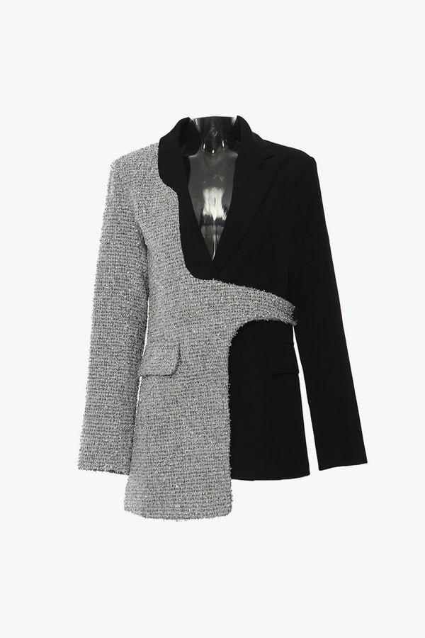 Asymmetric Metallic Lurex Tweed Panel Lapel Long Sleeve One Button Blazer