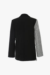 Asymmetric Metallic Lurex Tweed Panel Lapel Long Sleeve One Button Blazer