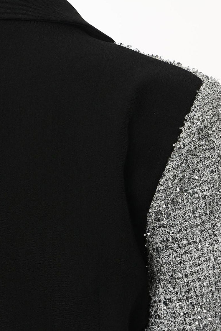 Asymmetric Metallic Lurex Tweed Panel Lapel Long Sleeve One Button Blazer