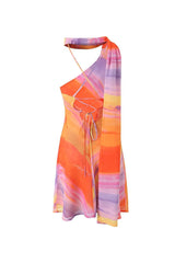 Asymmetric Ombré Print Scarf Halter Backless Beach Vacation Mini Dress