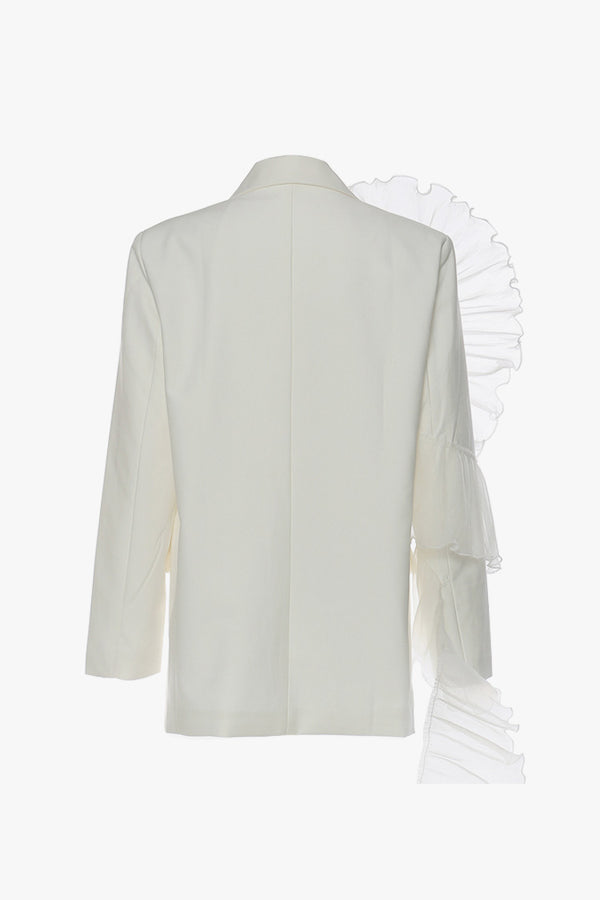 Asymmetric Tulle Ruffle Lapel Shoulder Pad Single Breasted Oversized Blazer