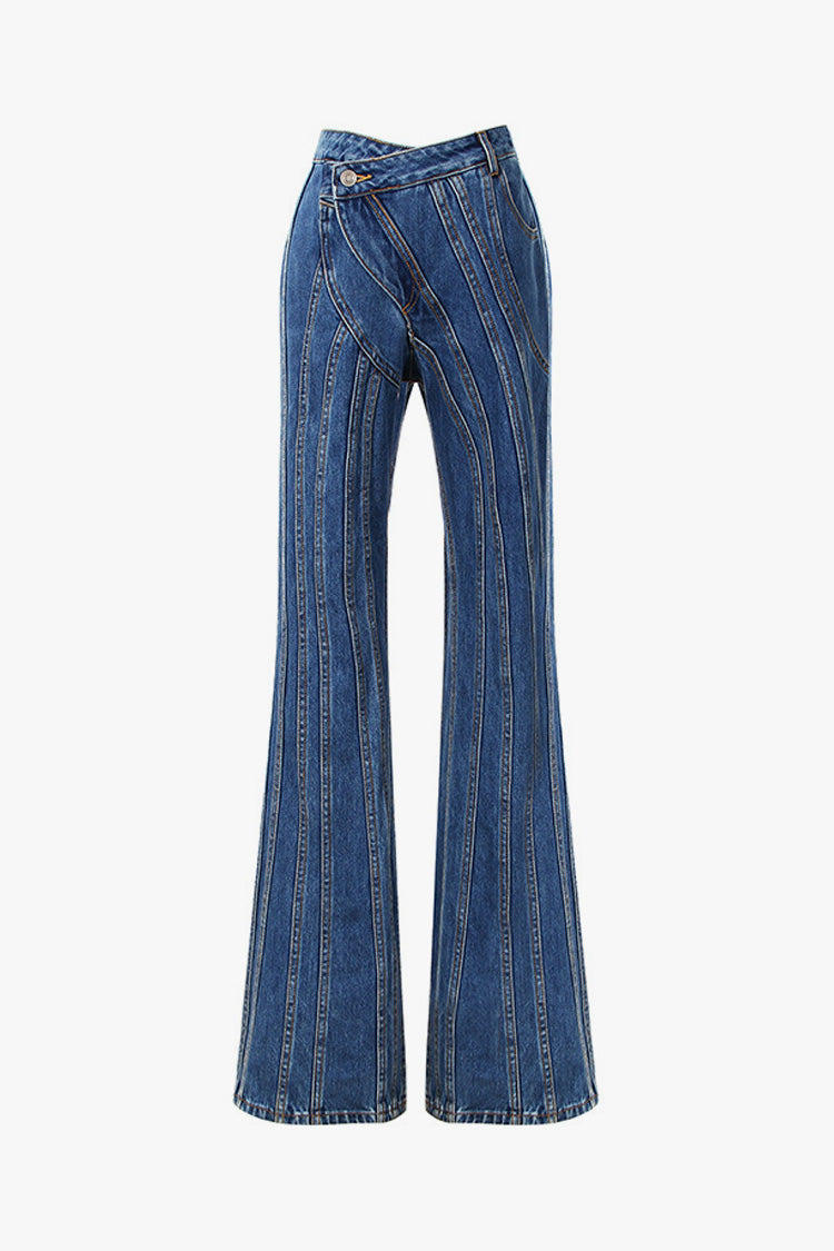 Asymmetrical 90s Crossover Waist Striped Seam Fit & Flare Denim Jeans