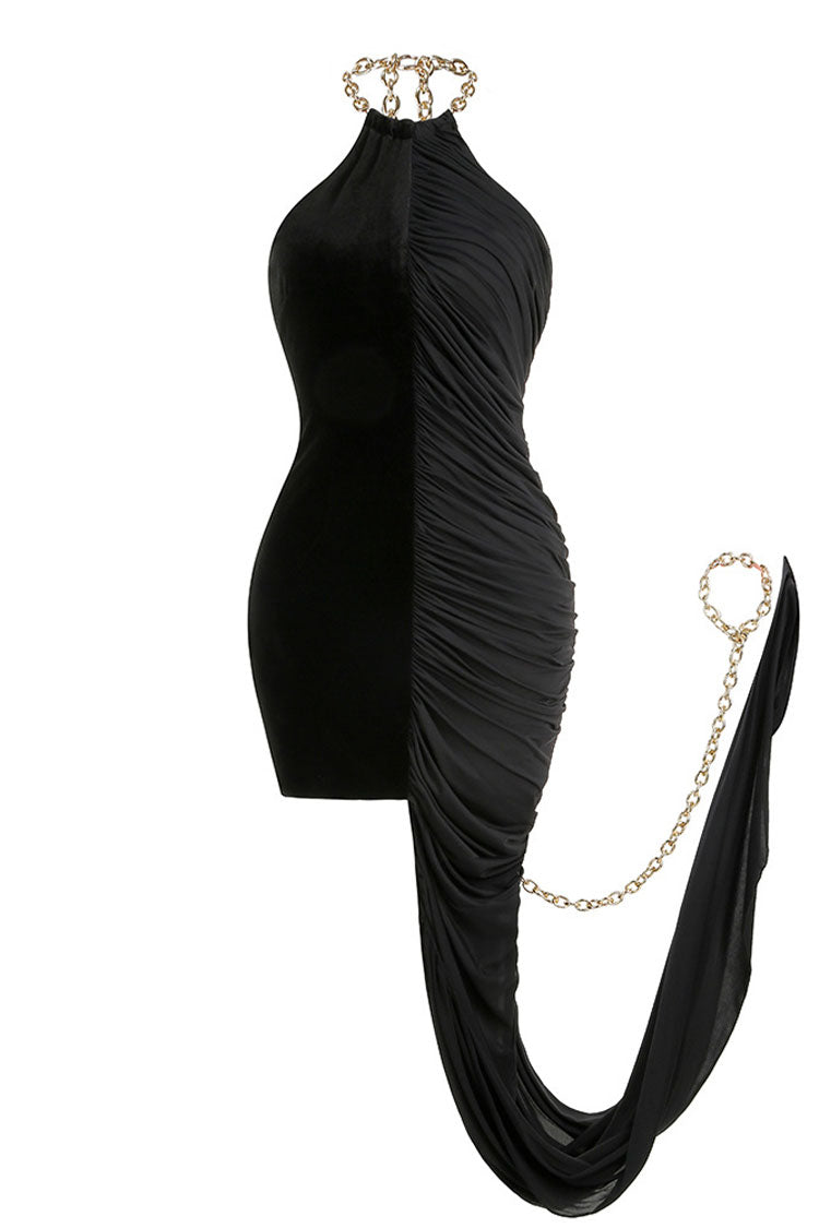 Asymmetrical Chain Halter Draped Ruched Velvet Panel Jersey Party Dress