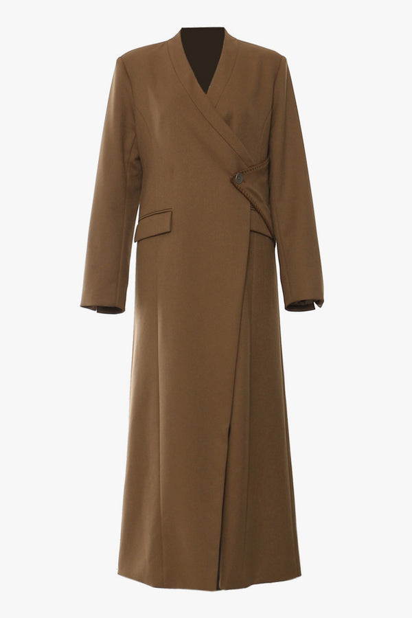 Asymmetrical Collarless Wrapped One Button Shoulder Pad Duster Coat