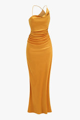 Asymmetrical Cowl Neck One Shoulder Ruched Satin Maxi Evening Dress