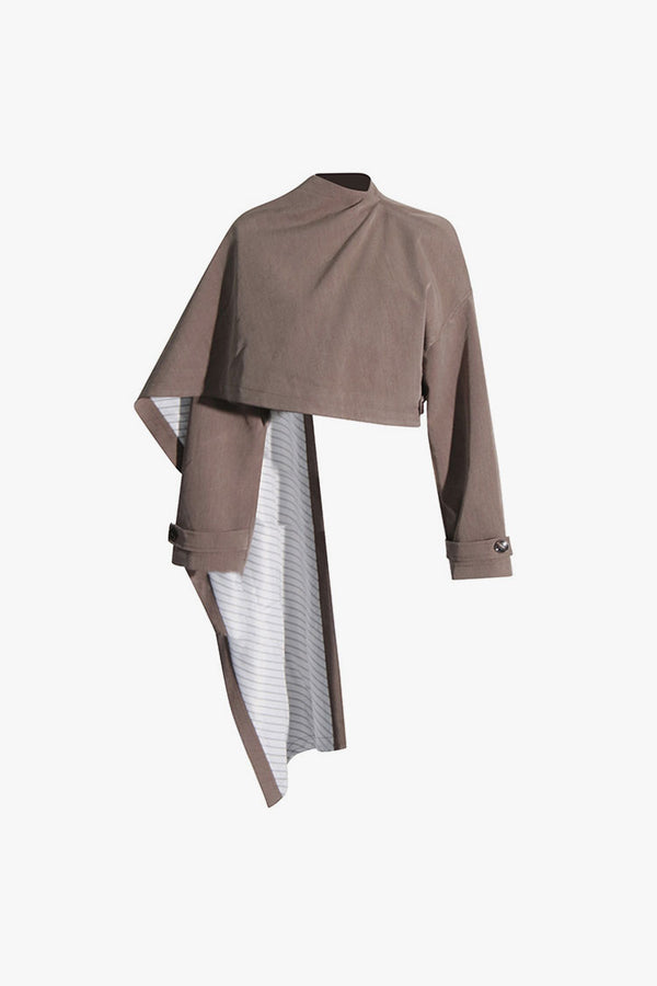 Asymmetrical Drape Scarf High Neck Long Sleeve Cropped Cape Jacket