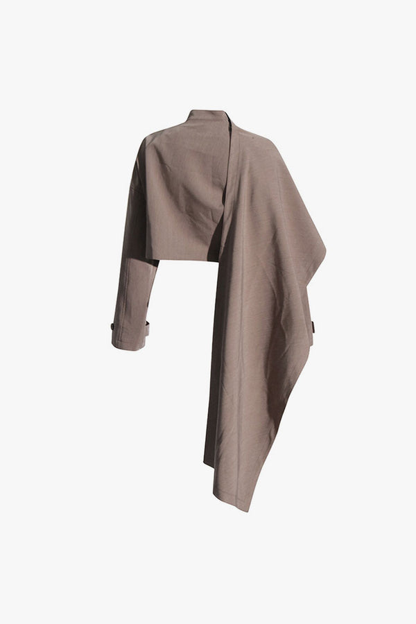 Asymmetrical Drape Scarf High Neck Long Sleeve Cropped Cape Jacket