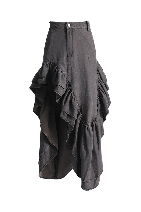 Asymmetrical Gathered Layered Ruffle High Waist High Split Denim Skirt