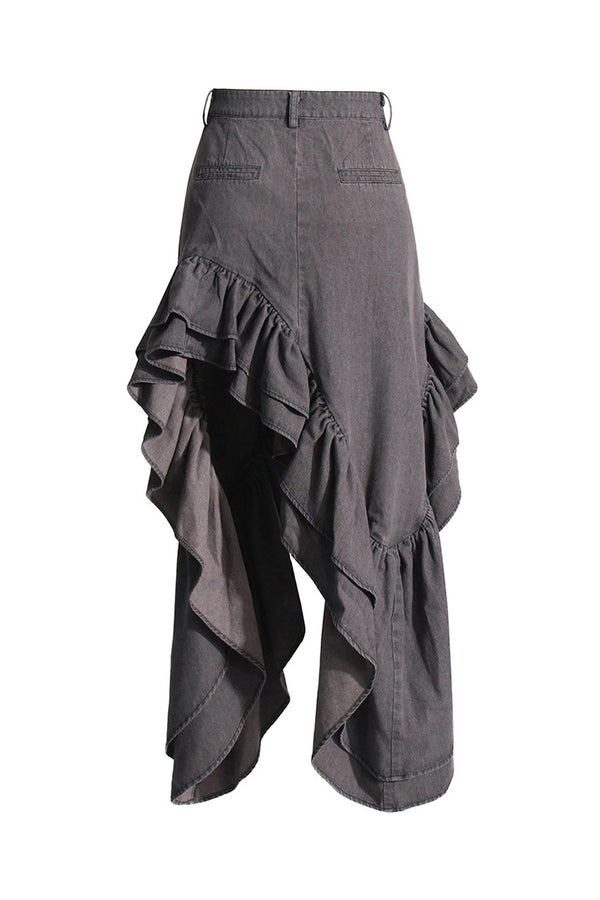 Asymmetrical Gathered Layered Ruffle High Waist High Split Denim Skirt
