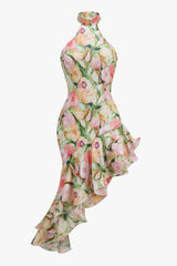 Asymmetrical Halter Neck Sleeveless Bodycon Floral Print Layered Ruffle Dress