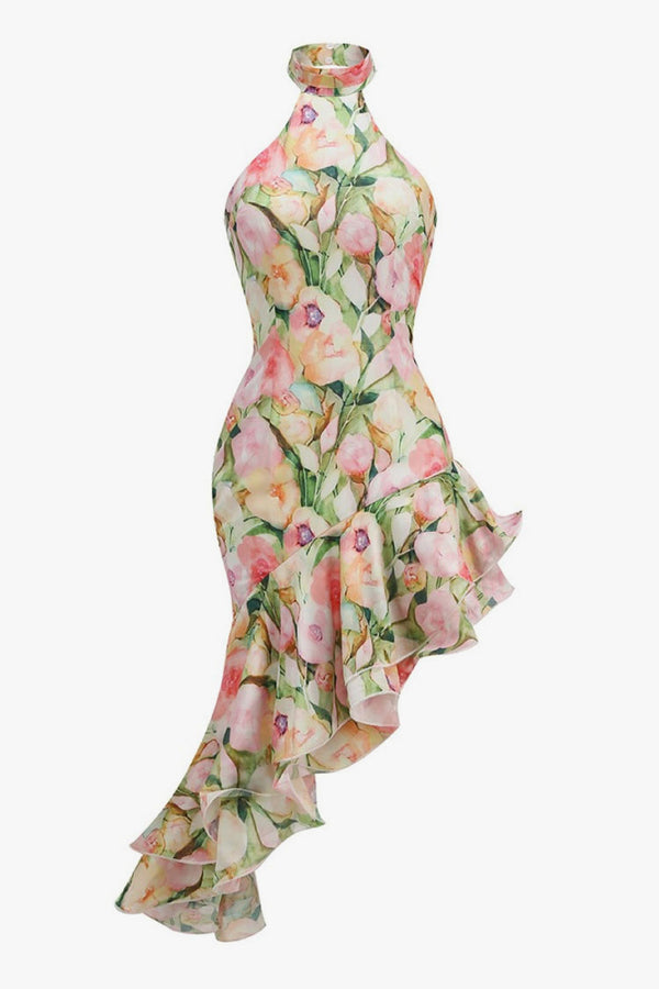 Asymmetrical Halter Neck Sleeveless Bodycon Floral Print Layered Ruffle Dress