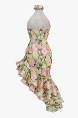 Asymmetrical Halter Neck Sleeveless Bodycon Floral Print Layered Ruffle Dress