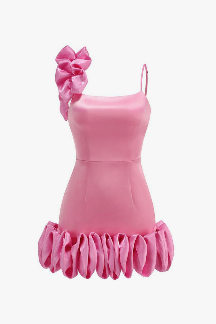 Asymmetrical Oversized Ruffle Sleeveless Bodycon Satin Party Mini Dress