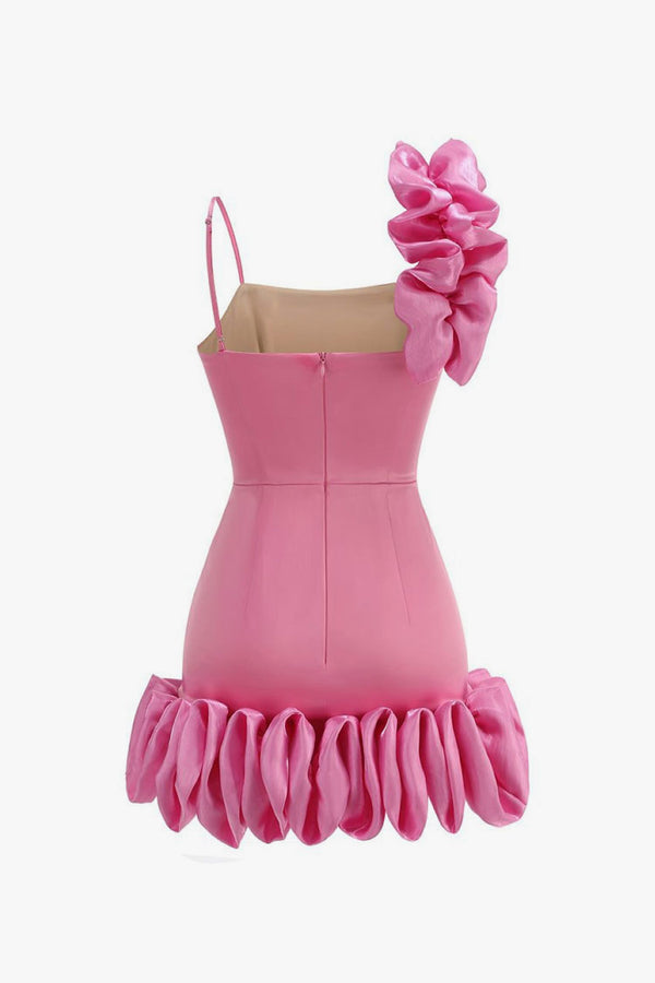 Asymmetrical Oversized Ruffle Sleeveless Bodycon Satin Party Mini Dress