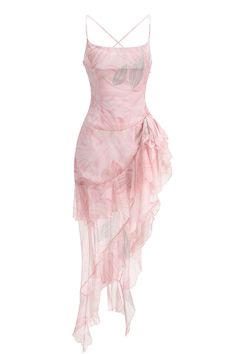 Asymmetrical Tiered Ruffle Printed Cowl Neck Backless Chiffon Split Cocktail Dress