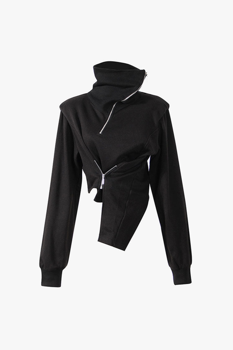 Asymmetrical Turtleneck Strong Shoulder Metal Zip Gathered Sweatshirt