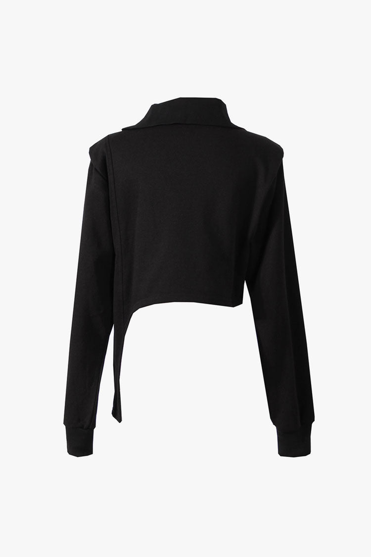 Asymmetrical Turtleneck Strong Shoulder Metal Zip Gathered Sweatshirt