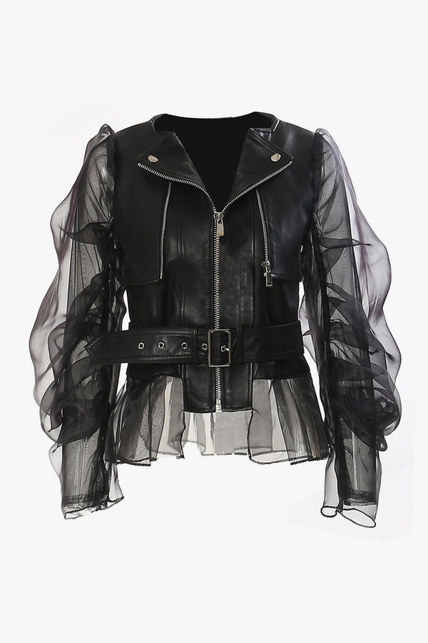 Biker Sheer Organza Sleeve Metallic Zip Up Belted Peplum Leather Jacket