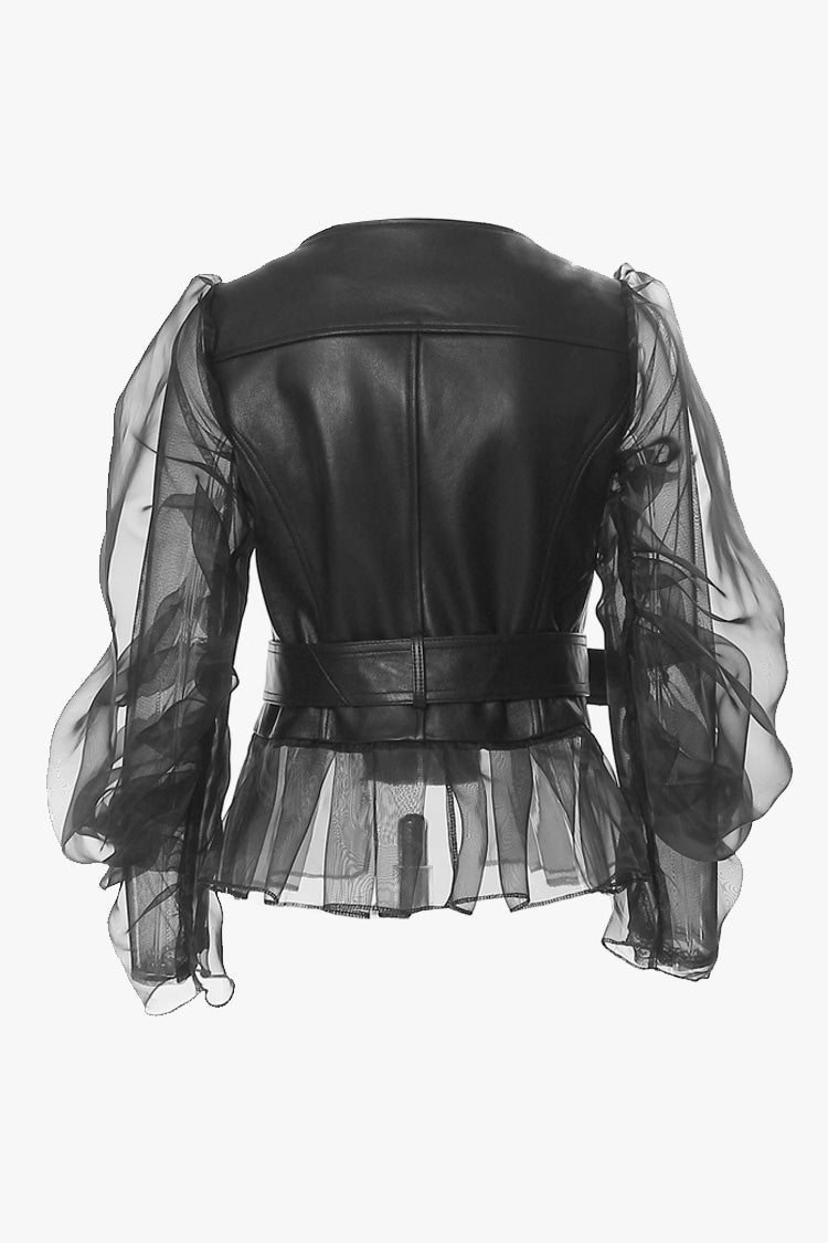 Biker Sheer Organza Sleeve Metallic Zip Up Belted Peplum Leather Jacket