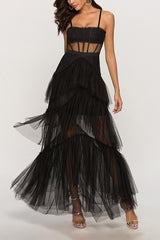 Boho Chic Sheer Corset Sleeveless Tiered Ruffle Tulle Evening Maxi Dress