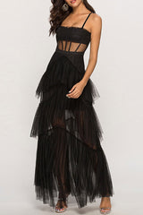 Boho Chic Sheer Corset Sleeveless Tiered Ruffle Tulle Evening Maxi Dress