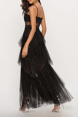 Boho Chic Sheer Corset Sleeveless Tiered Ruffle Tulle Evening Maxi Dress