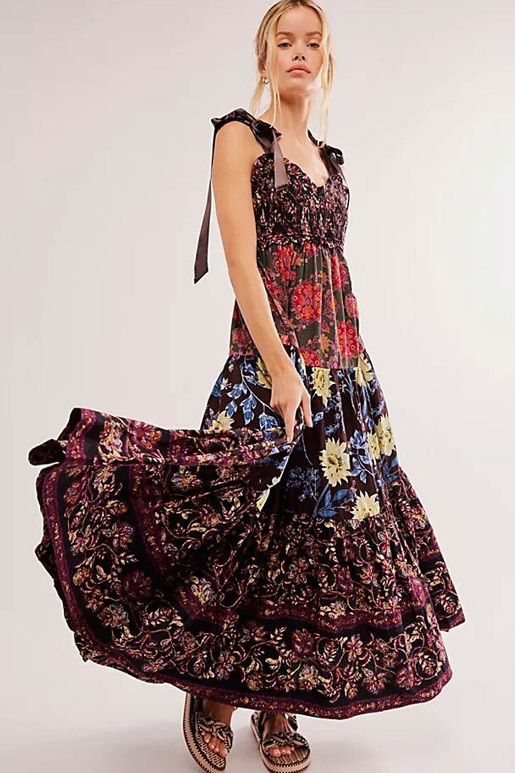 Boho Floral Patchwork Shirred Tie Shoulder High Waist Vacation Maxi Sundress