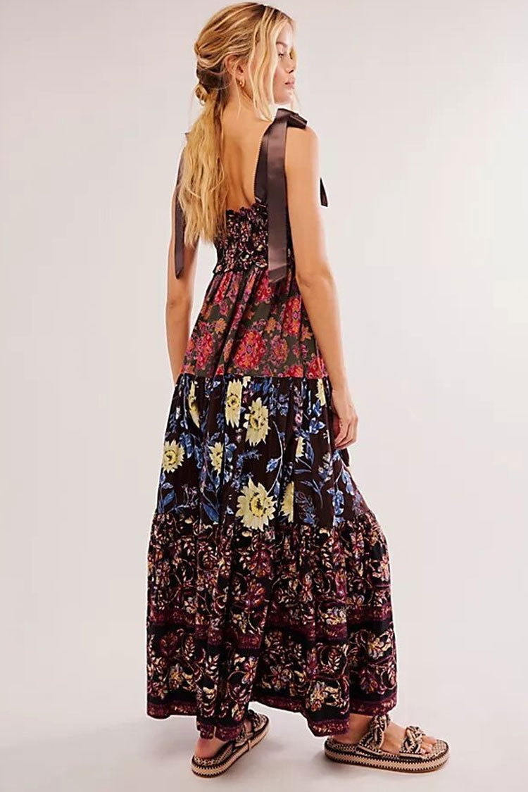 Boho Floral Patchwork Shirred Tie Shoulder High Waist Vacation Maxi Sundress