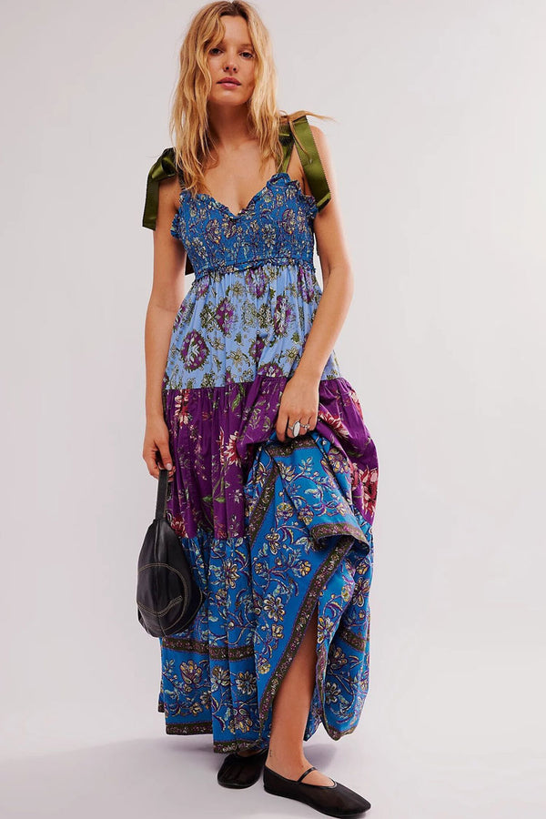 Boho Floral Patchwork Shirred Tie Shoulder High Waist Vacation Maxi Sundress