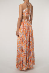 Boho Floral Print Plunge Back Tie Cutout Pleated Beach Vacation Maxi Dress