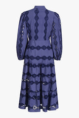 Boho Mock Neck Balloon Sleeve Openwork Embroidered Vacation Midi Dress