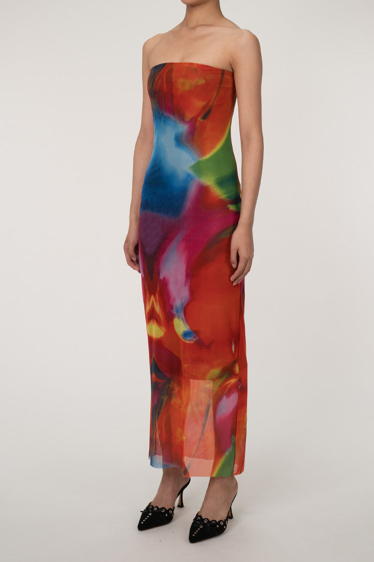 Sexy Bold Abstract Printed Summer Strapless Mesh Maxi Dress - Multicolor