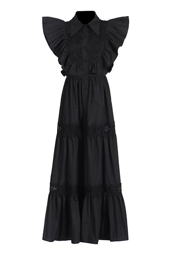 Breezy Collared Ruffle Sleeve Guipure Lace Tiered Beach Vacation Maxi Dress