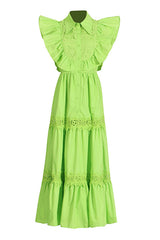 Breezy Collared Ruffle Sleeve Guipure Lace Tiered Beach Vacation Maxi Dress