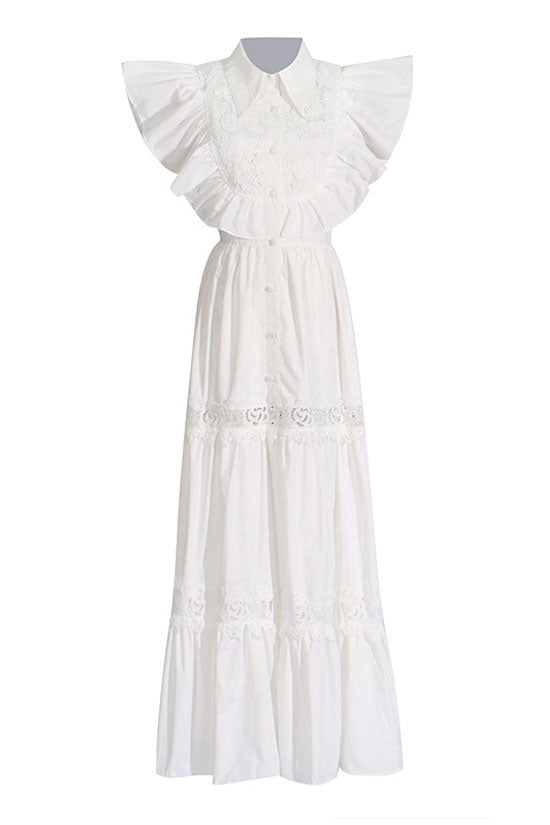 Breezy Collared Ruffle Sleeve Guipure Lace Tiered Beach Vacation Maxi Dress