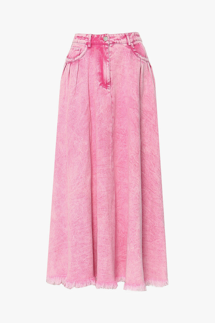 Casual High Waist Pleated Frayed Hem A Line Washed Denim Maxi Skirt