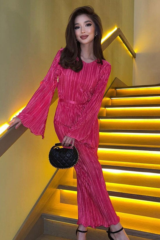 Celebrity Style Crew Neck Bell Sleeve Shift Pleated Maxi Dress Hot P Rosedress 5946