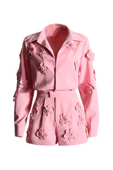 Chic Lapel Collar Buttoned Long Sleeve Pleated Rosette Blazer Romper