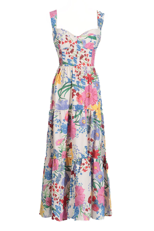 Colorful Floral Print Sweetheart Bustier Fit and Flare Vacation Maxi Sundress