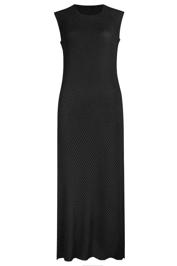 Comfy Diagonal Pleated Crew Neck Sheath Sleeveless Midi Dress