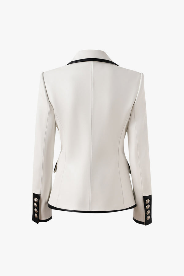 Contrast Lapel Shoulder Pad Metallic Double Breasted Tailored Leather Blazer