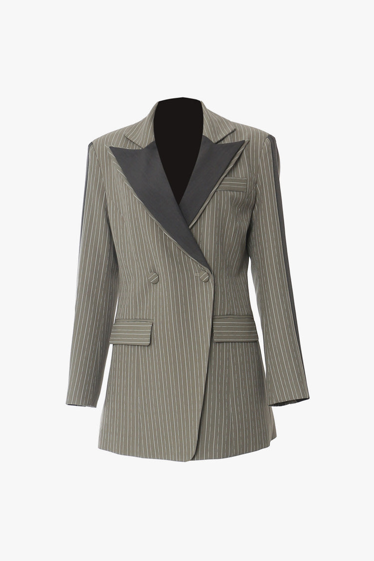 Contrast Layered Lapel Shoulder Pad Double Breasted Tailored Striped Blazer