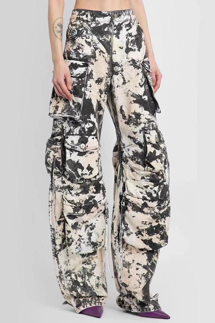 Cool Girl High Waist Splattered Paint Wide Leg Cotton Blend Cargo Pants