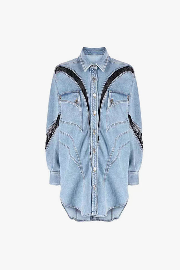 Cowboy Collared Button Down Oversized Paneled Lace Denim Mini Dress