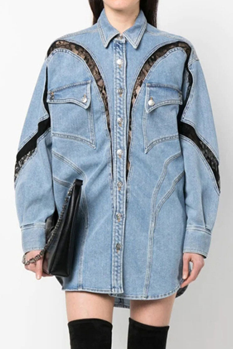 Cowboy Collared Button Down Oversized Paneled Lace Denim Mini Dress